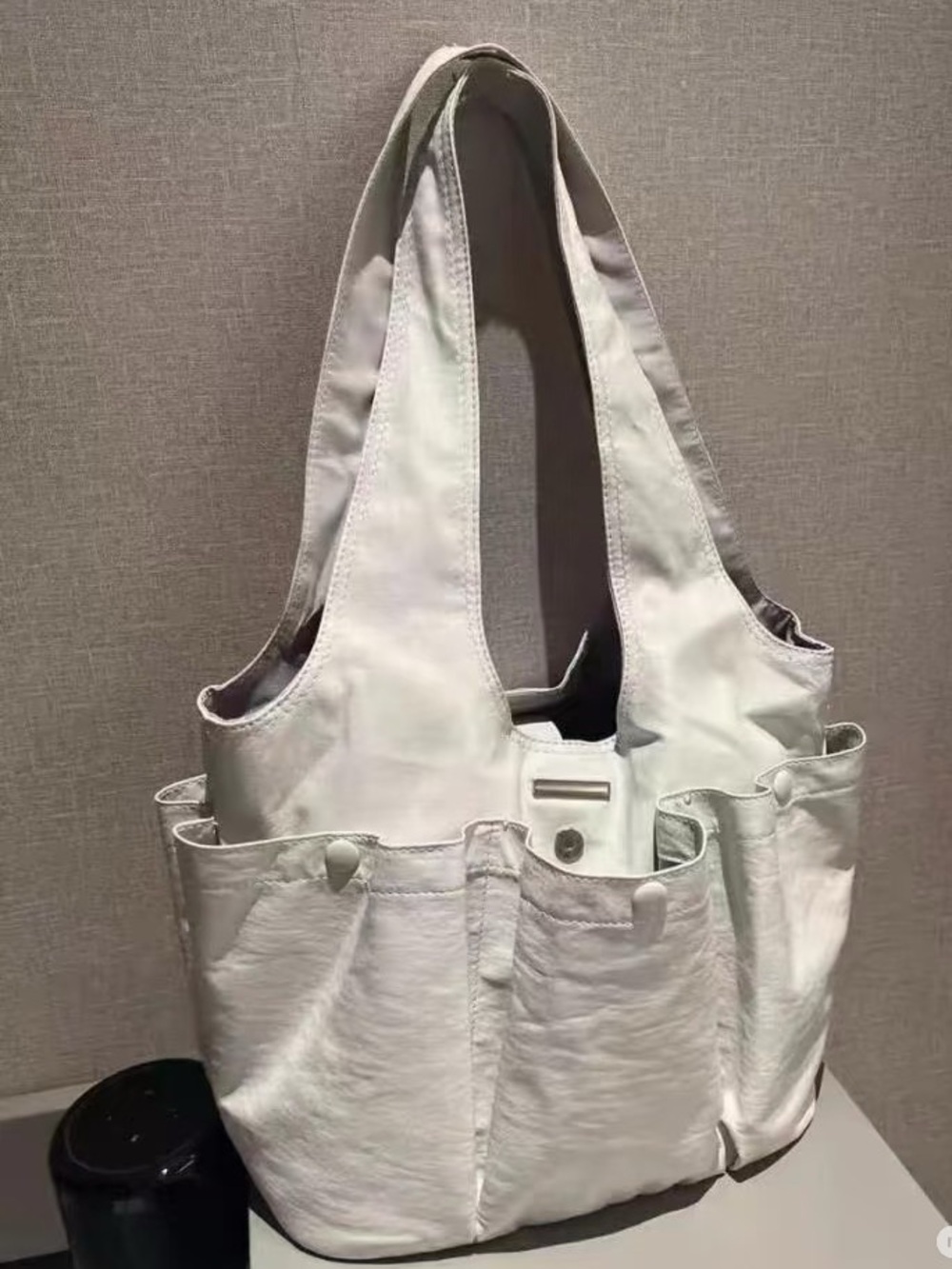 Korean Fashion Designer Brand-Cream Leather Everyday Tote with Patch Pockets